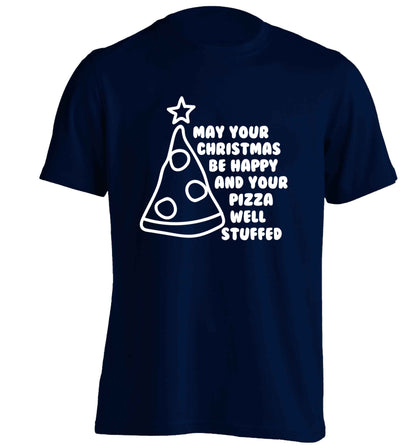 May your Christmas be happy and your pizza well stuffed adults unisex navy Tshirt 2XL