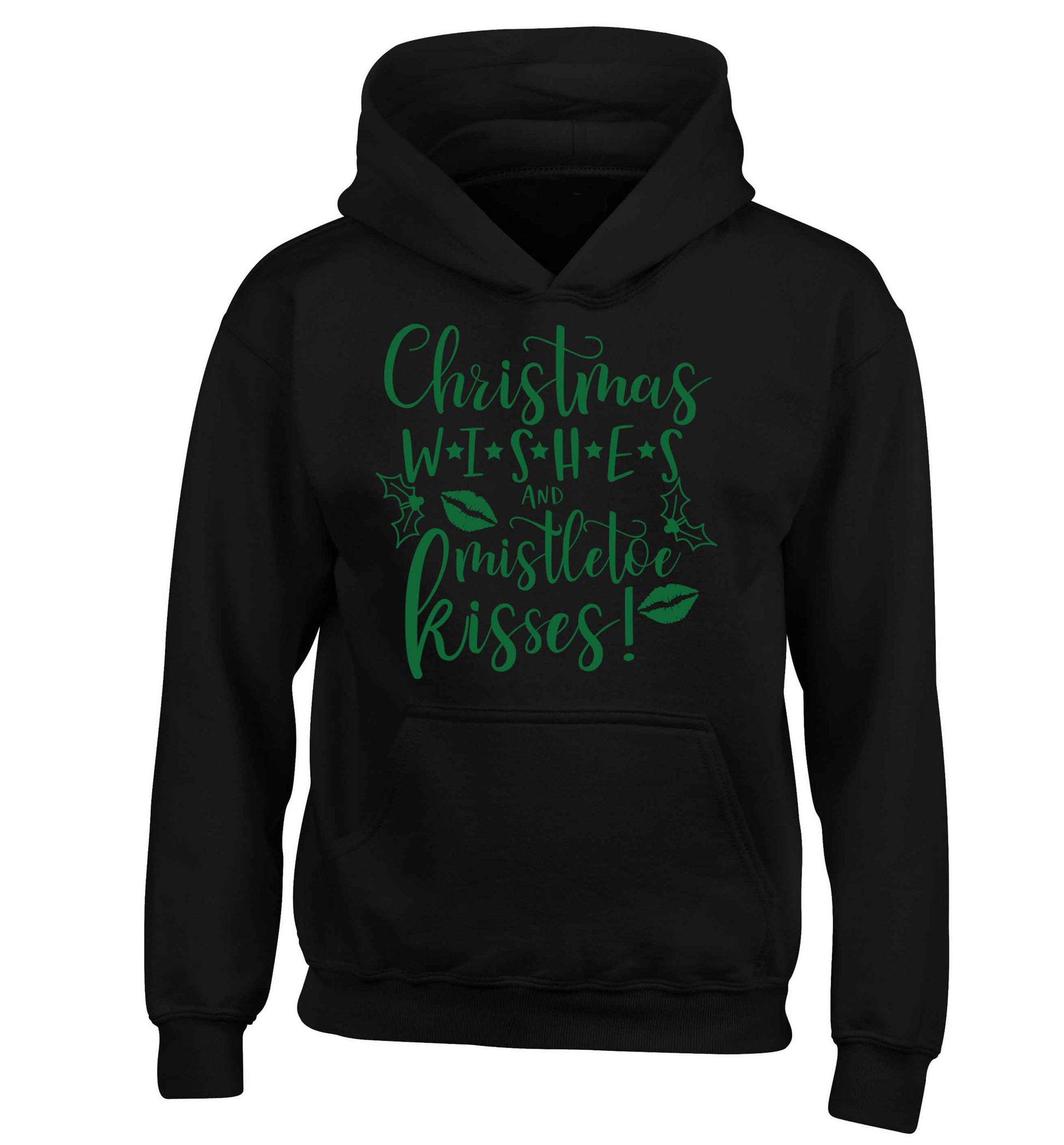 Christmas wishes and mistletoe kisses children's black hoodie 12-13 Years