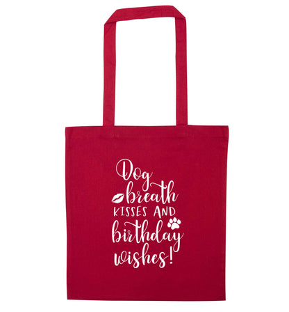 Dog breath kisses and christmas wishes red tote bag