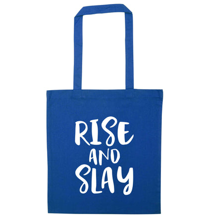 Rise and slay blue tote bag