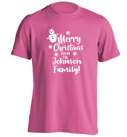 Personalised Merry Christmas from the family adults unisex pink Tshirt 2XL