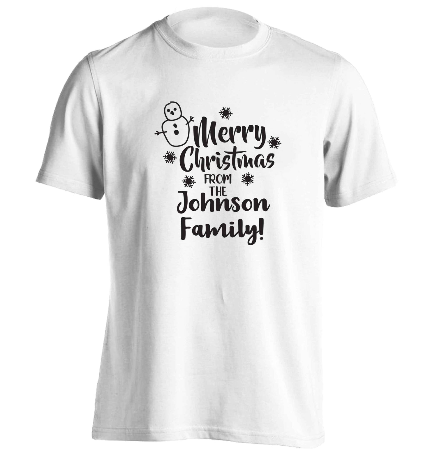 Personalised Merry Christmas from the family adults unisex white Tshirt 2XL
