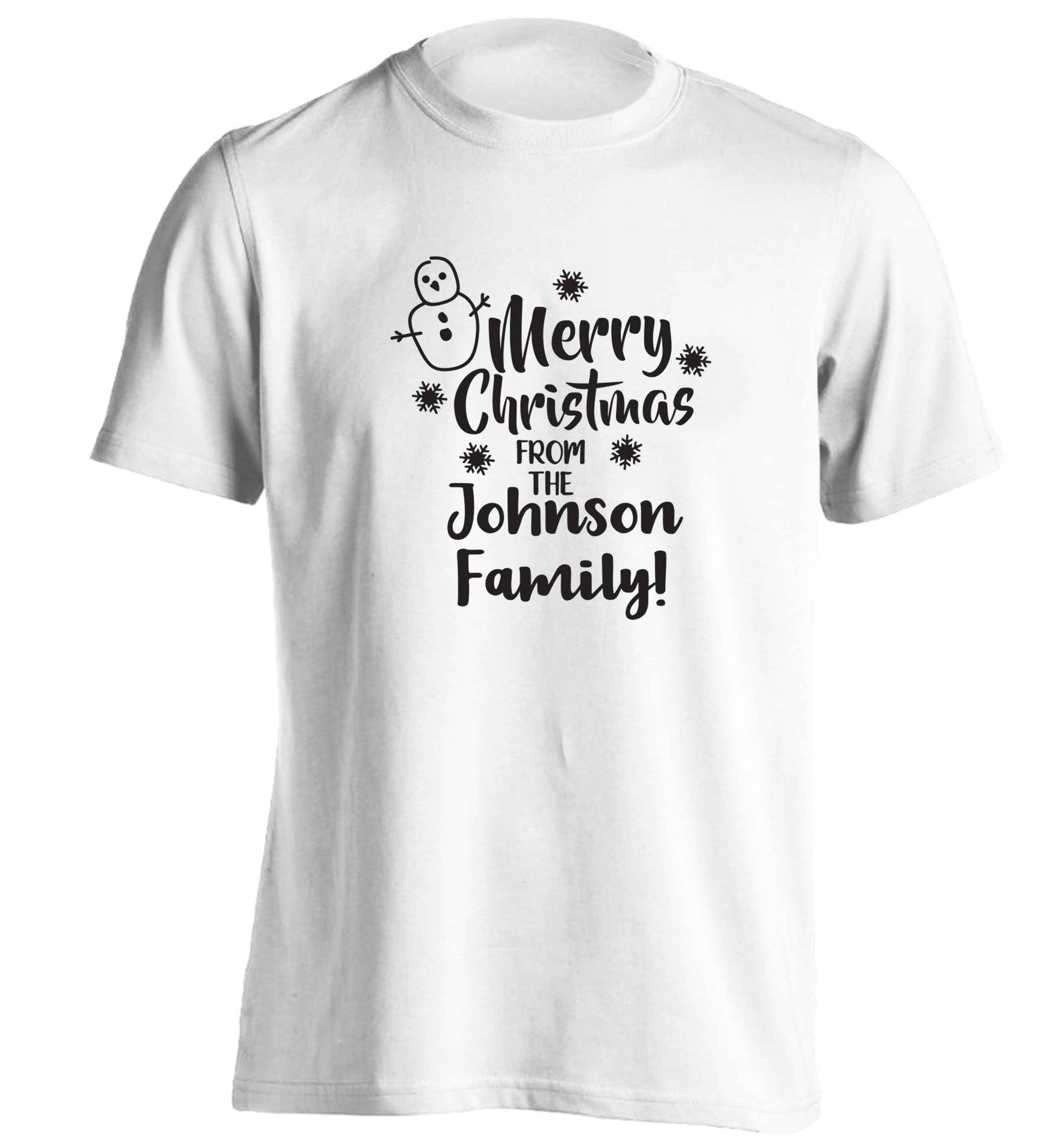 Personalised Merry Christmas from the family adults unisex white Tshirt 2XL