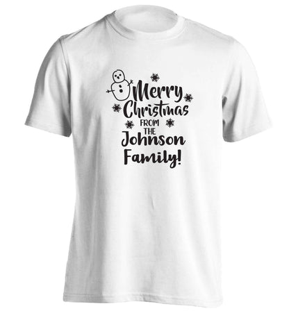 Personalised Merry Christmas from the family adults unisex white Tshirt 2XL