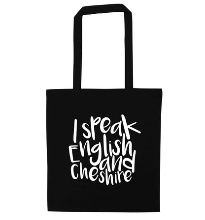 I speak English and Cheshire black tote bag