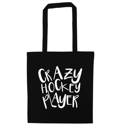Crazy hockey player black tote bag
