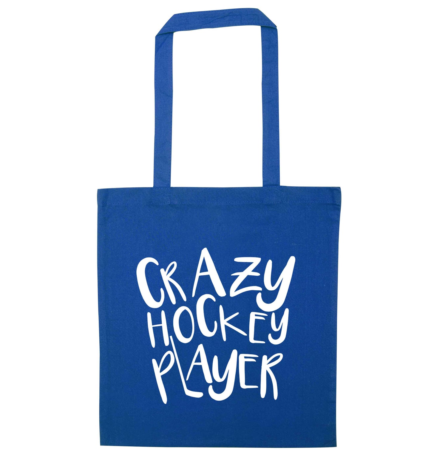 Crazy hockey player blue tote bag