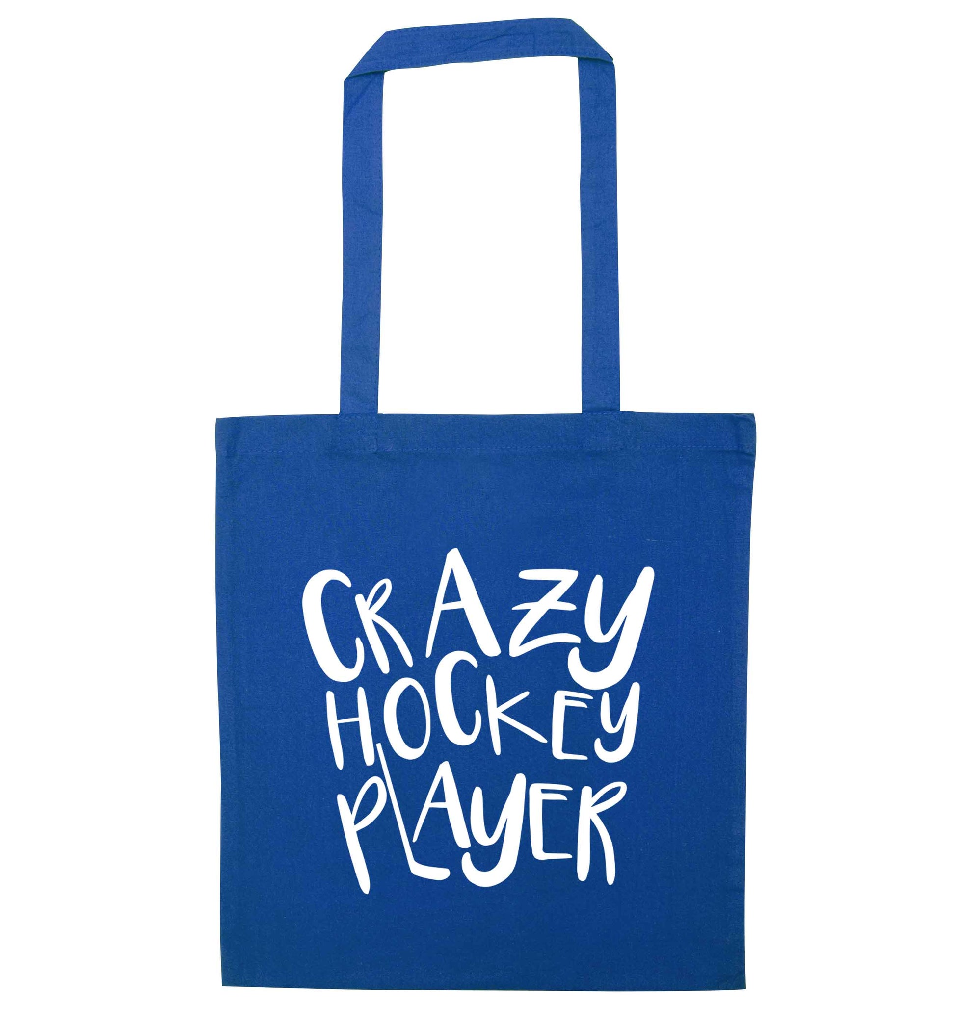 Crazy hockey player blue tote bag