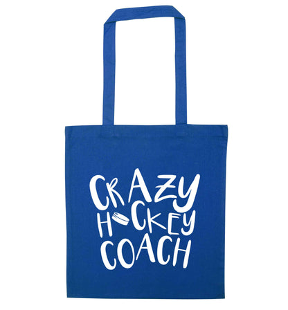 Crazy hockey coach blue tote bag