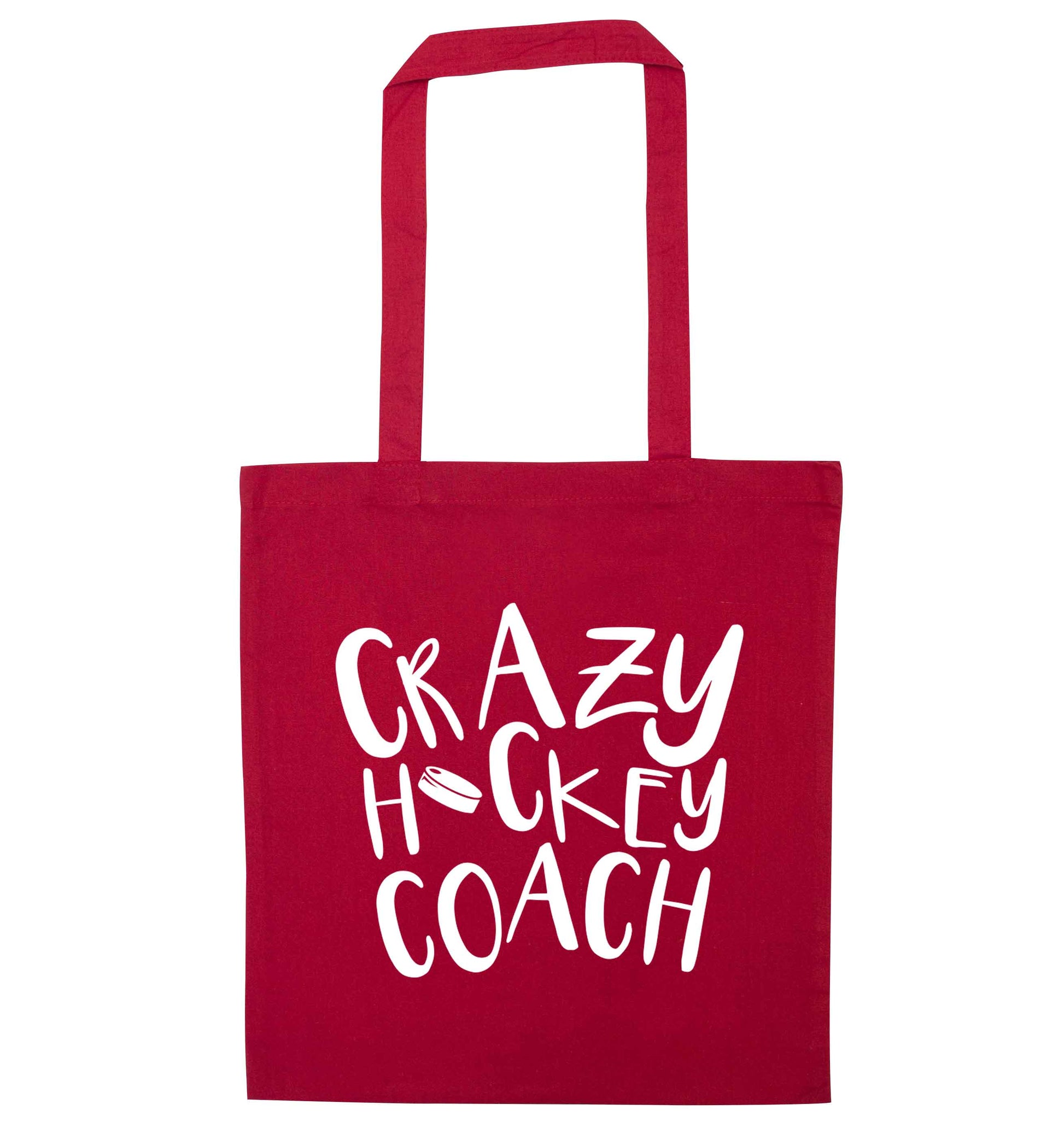 Crazy hockey coach red tote bag
