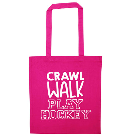 Crawl walk play hockey pink tote bag