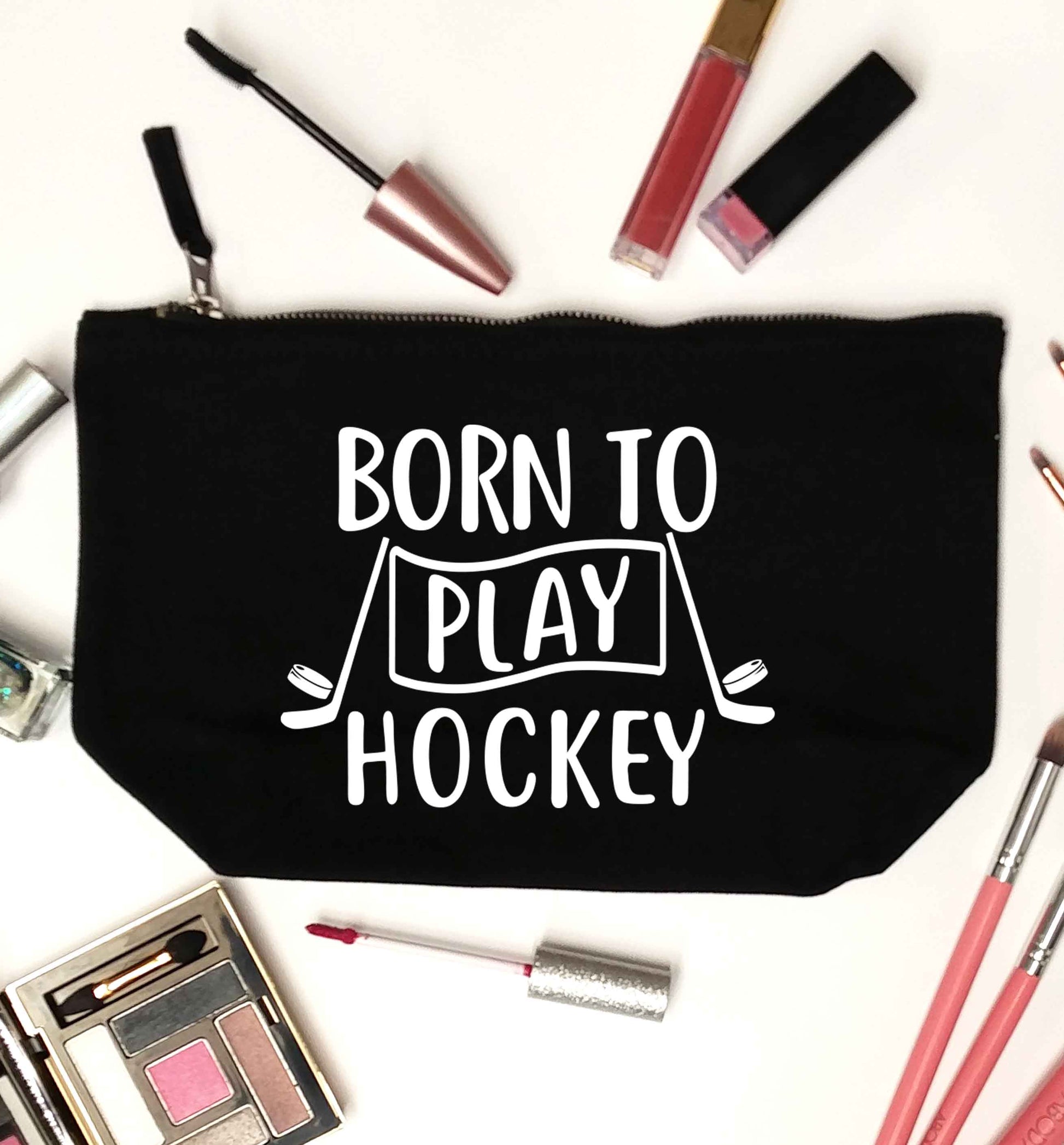 Born to play hockey black makeup bag