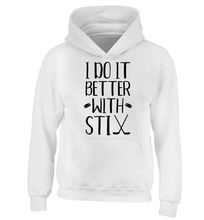 I do it better with stix (hockey) children's white hoodie 12-13 Years