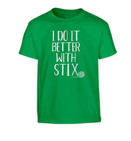 I do it better with stix (knitting) Children's green Tshirt 12-13 Years