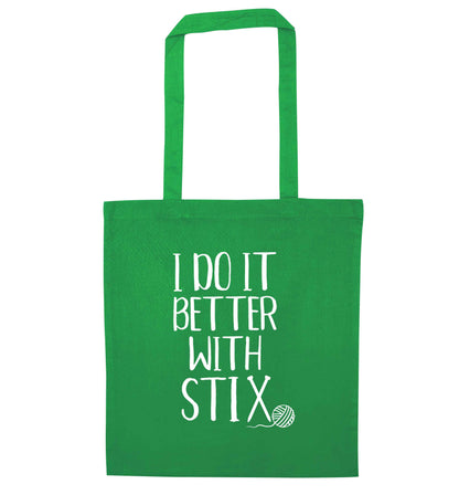 I do it better with stix (knitting) green tote bag