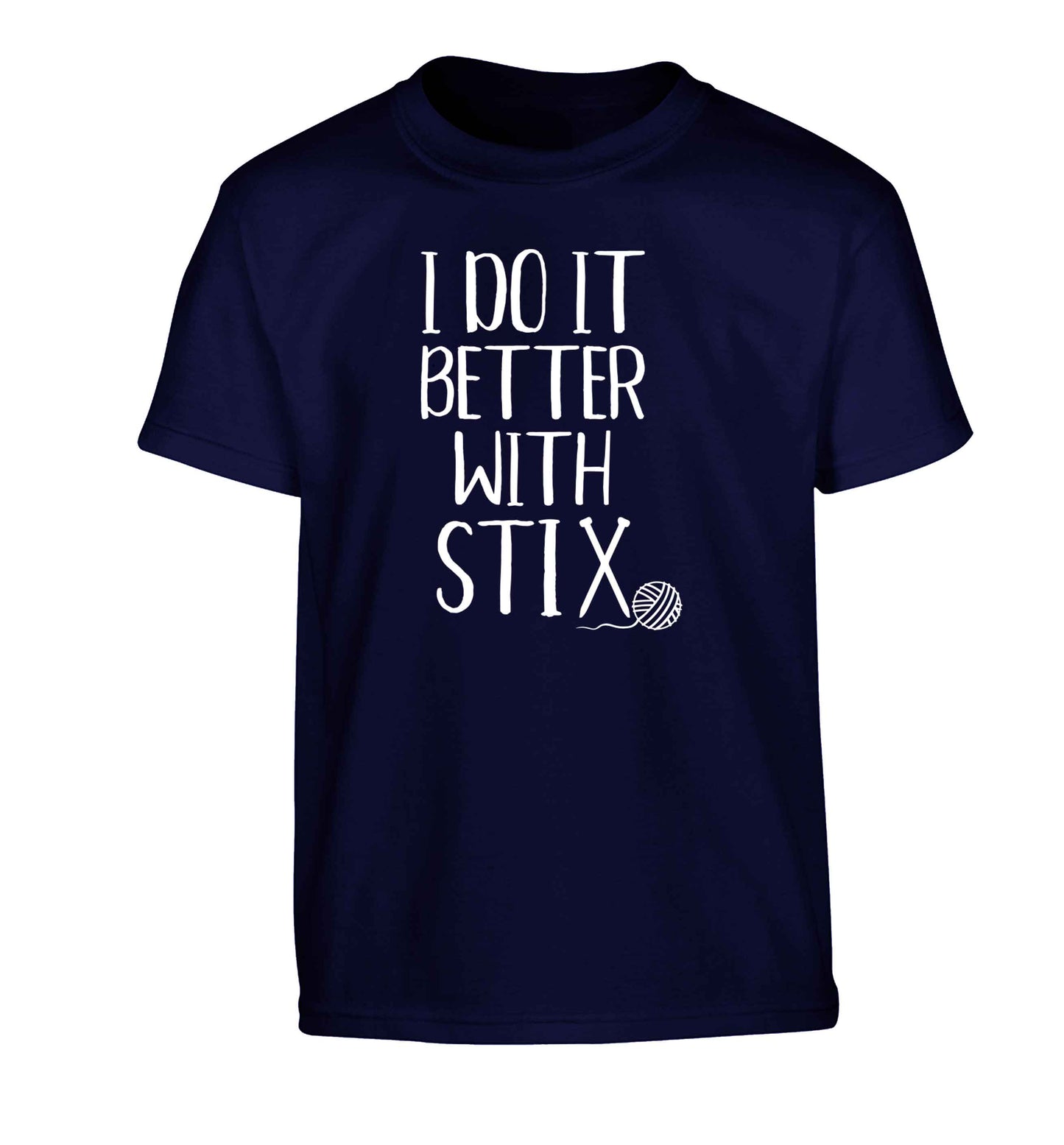 I do it better with stix (knitting) Children's navy Tshirt 12-13 Years