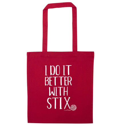 I do it better with stix (knitting) red tote bag