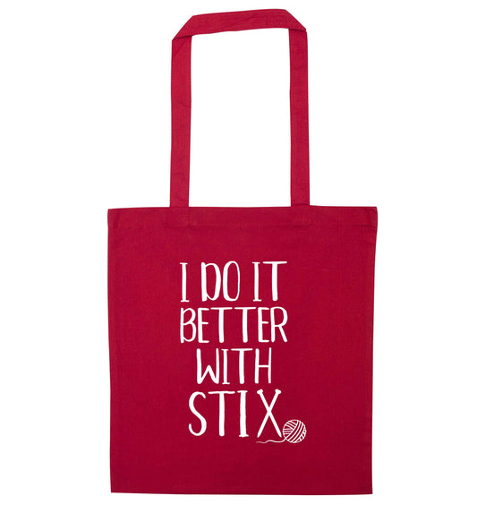 I do it better with stix (knitting) red tote bag