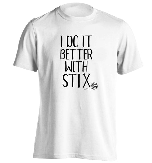 I do it better with stix (knitting) adults unisex white Tshirt 2XL