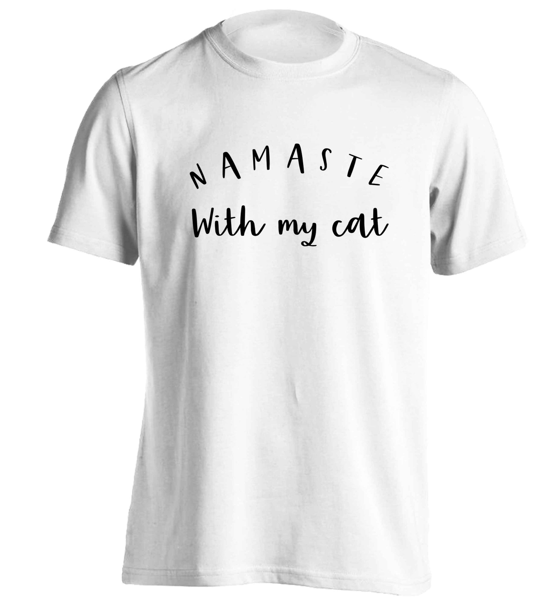 Namaste with my cat adults unisex white Tshirt 2XL