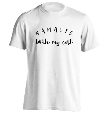 Namaste with my cat adults unisex white Tshirt 2XL
