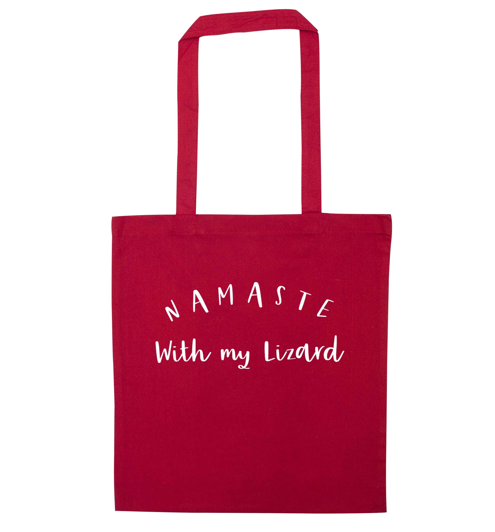 Namaste with my lizard red tote bag