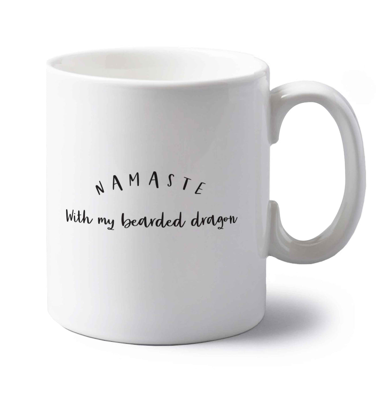 Namaste with my bearded dragon left handed white ceramic mug 