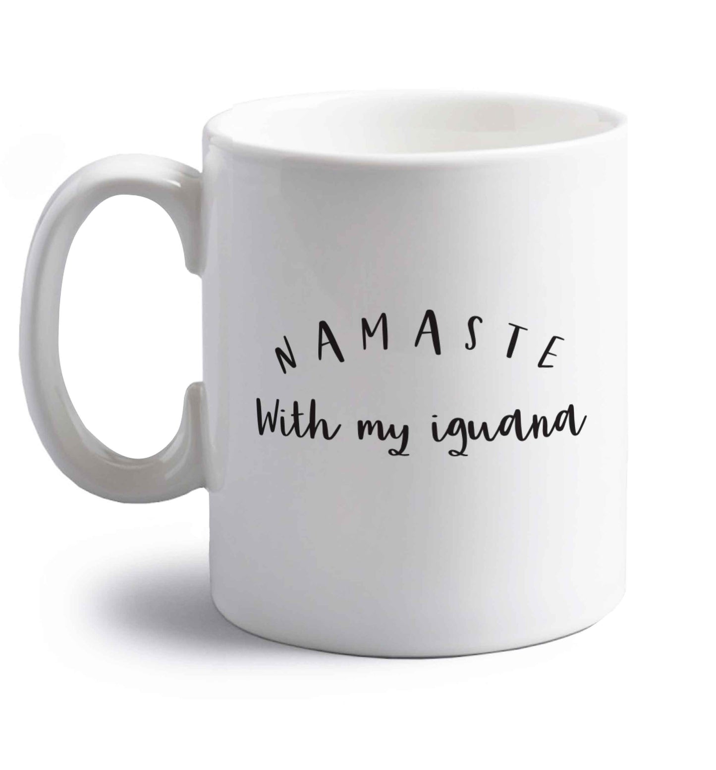 Namaste with my iguana right handed white ceramic mug 