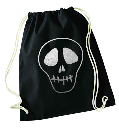 Metallic silver skull black drawstring bag