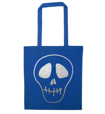 Metallic silver skull blue tote bag