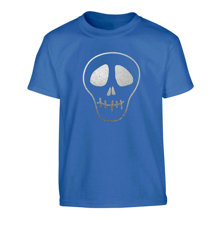 Metallic silver skull Children's blue Tshirt 12-13 Years