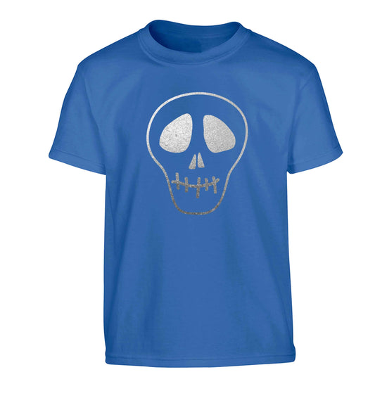 Metallic silver skull Children's blue Tshirt 12-13 Years