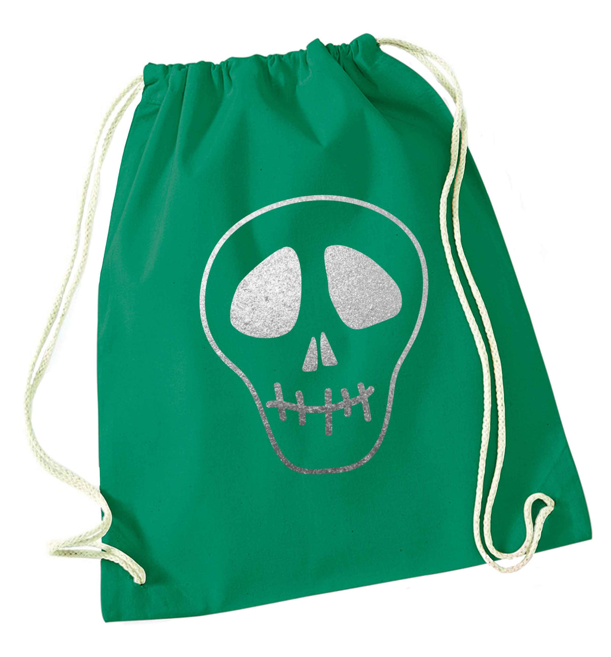Metallic silver skull green drawstring bag