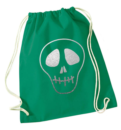 Metallic silver skull green drawstring bag