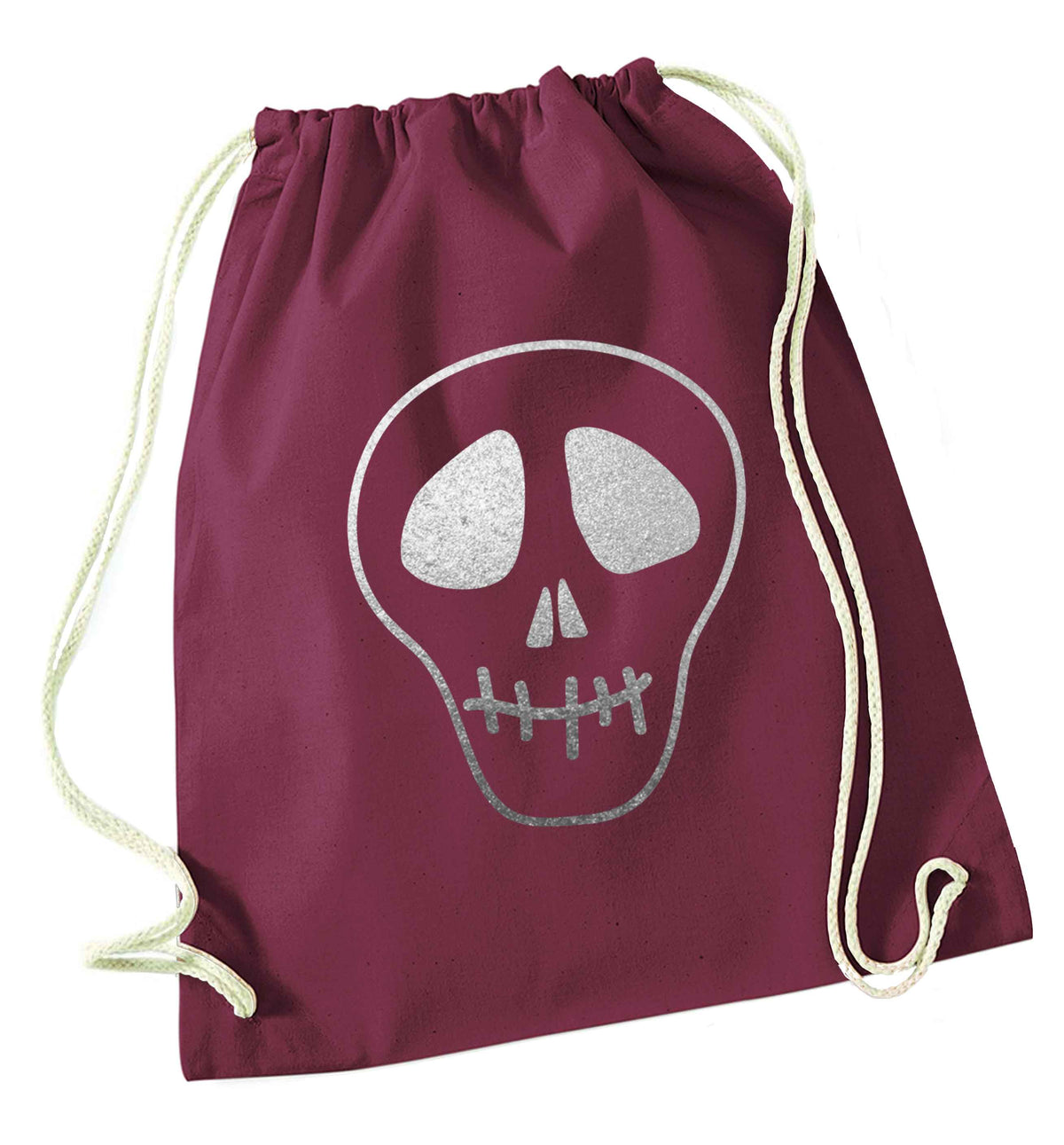 Metallic silver skull maroon drawstring bag