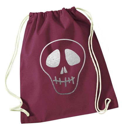 Metallic silver skull maroon drawstring bag