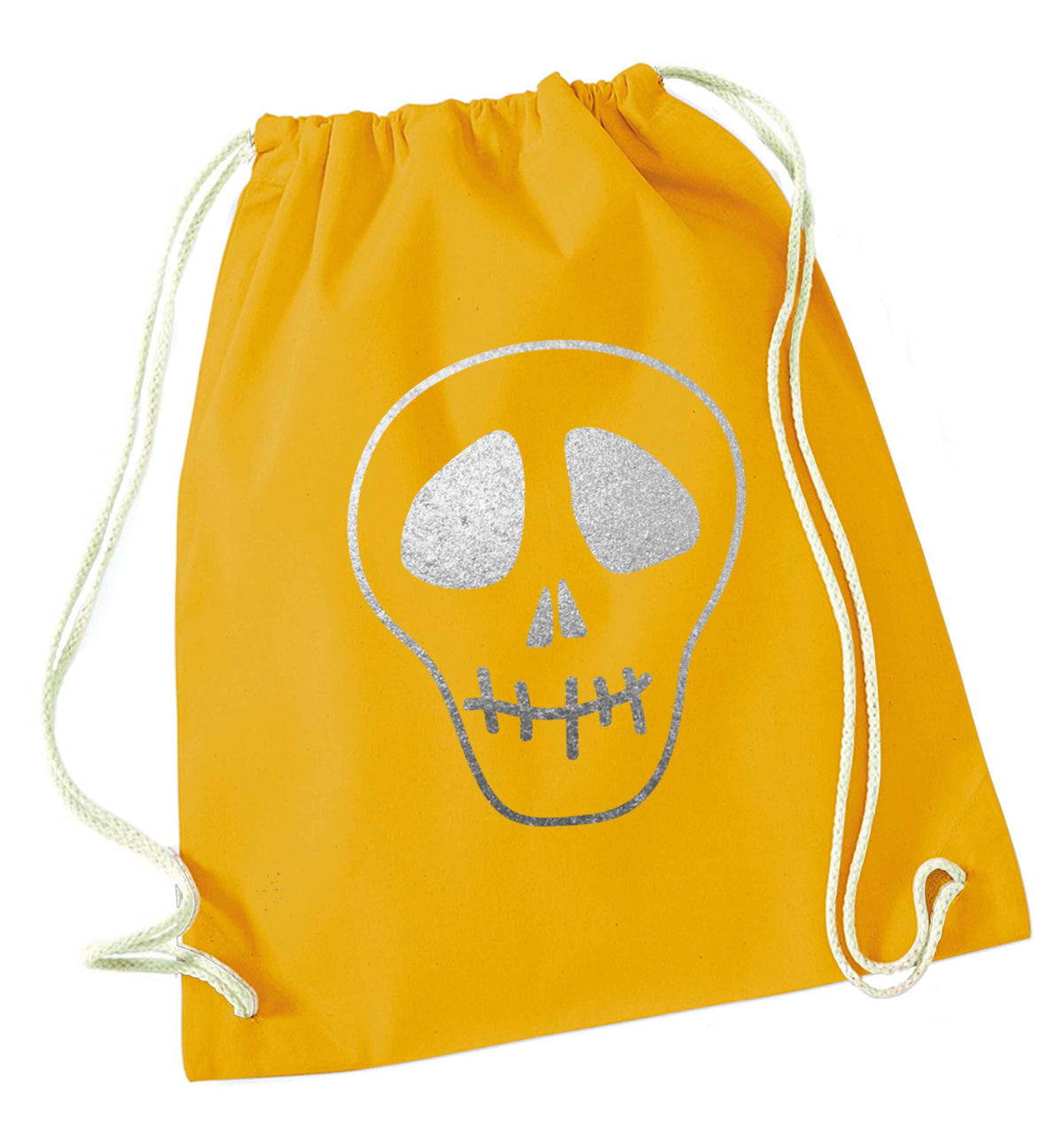 Metallic silver skull mustard drawstring bag