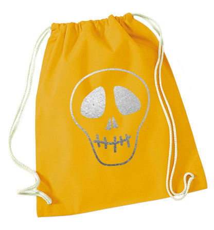 Metallic silver skull mustard drawstring bag