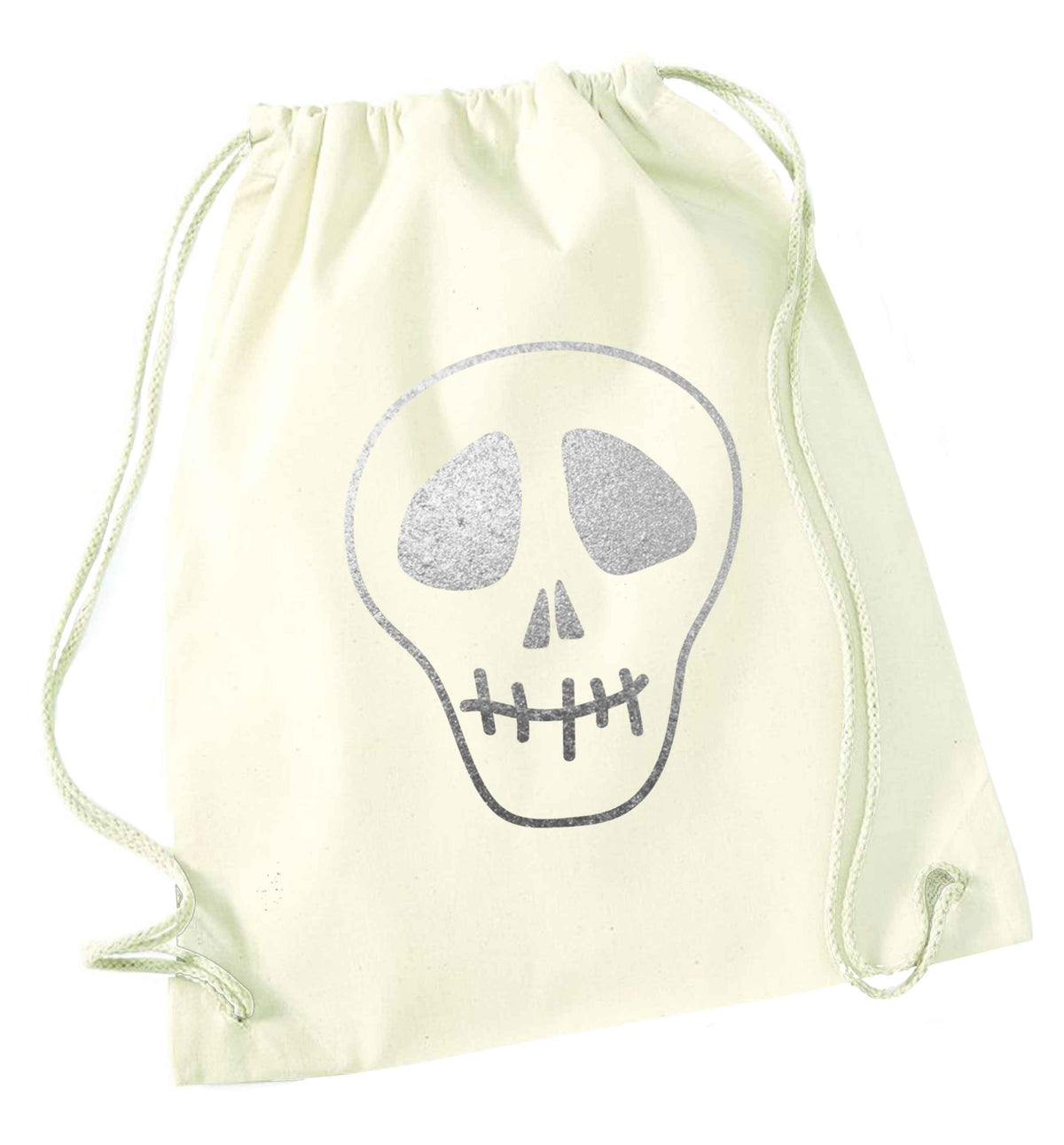 Metallic silver skull natural drawstring bag