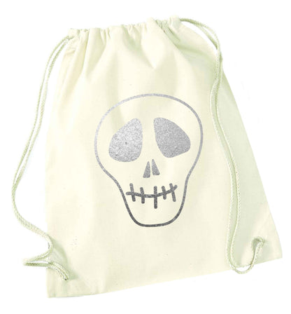 Metallic silver skull natural drawstring bag