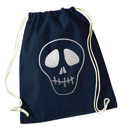 Metallic silver skull navy drawstring bag