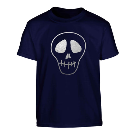 Metallic silver skull Children's navy Tshirt 12-13 Years