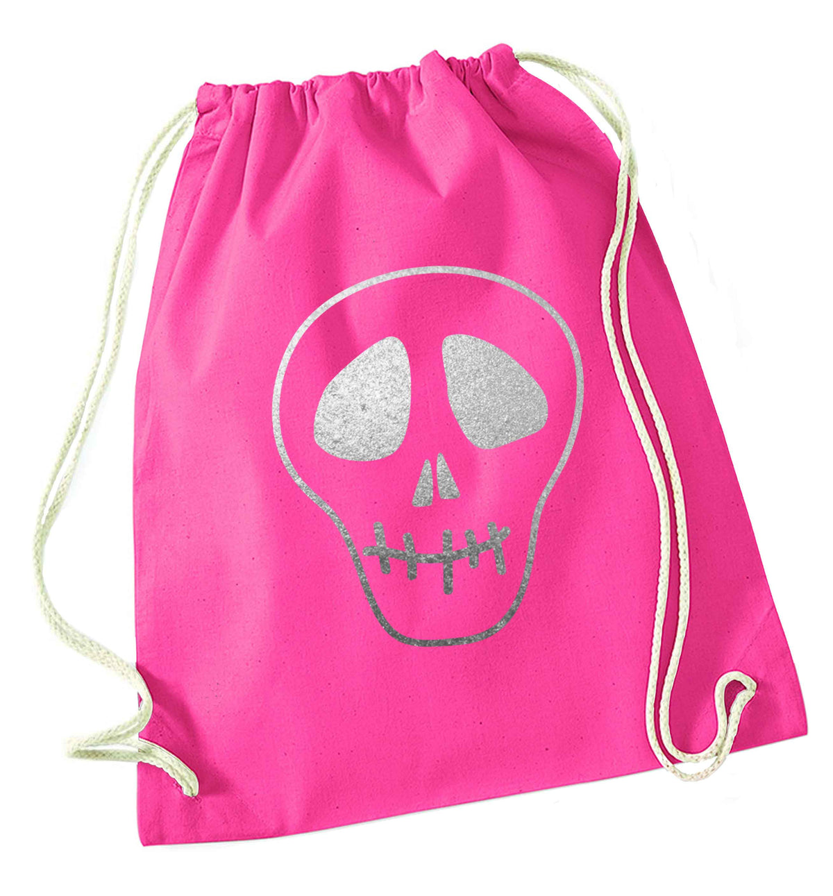 Metallic silver skull pink drawstring bag