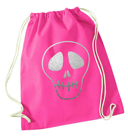 Metallic silver skull pink drawstring bag