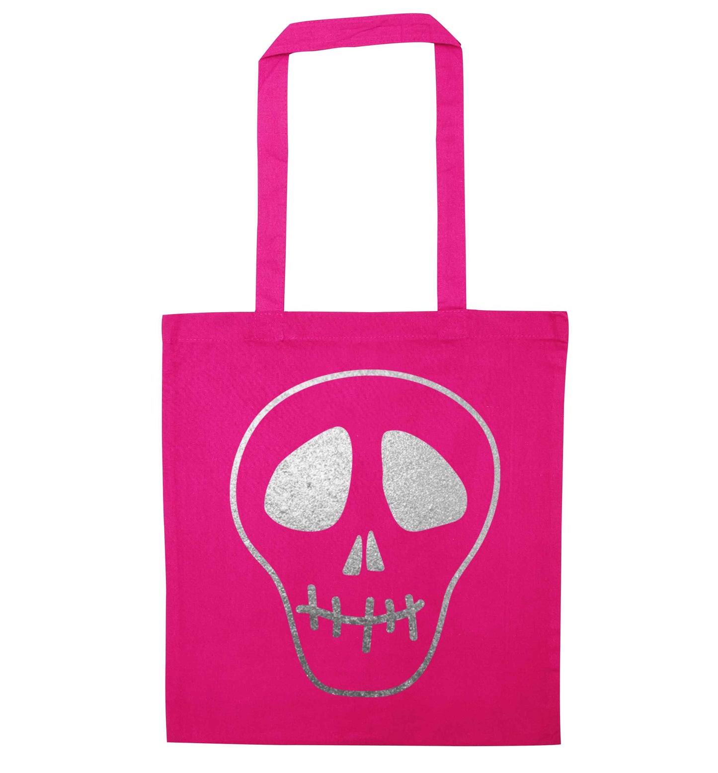Metallic silver skull pink tote bag