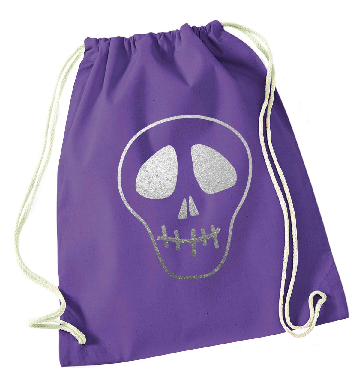 Metallic silver skull purple drawstring bag