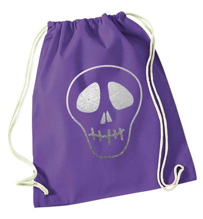 Metallic silver skull purple drawstring bag