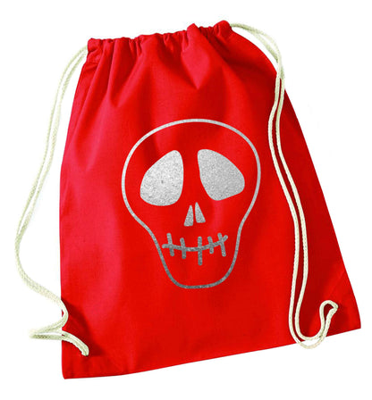 Metallic silver skull red drawstring bag 