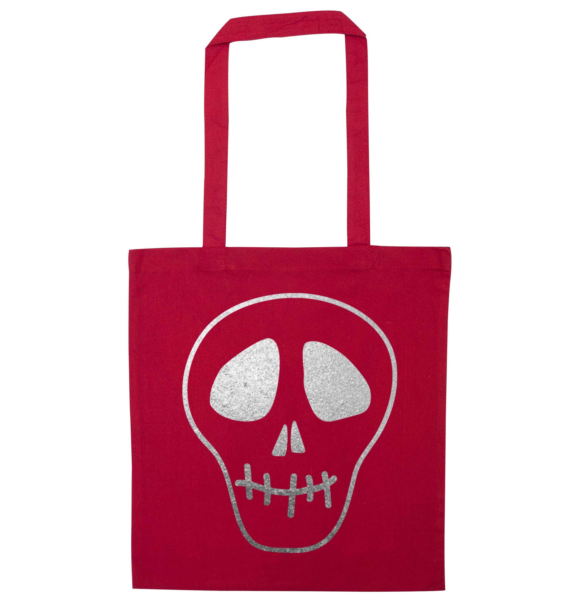 Metallic silver skull red tote bag