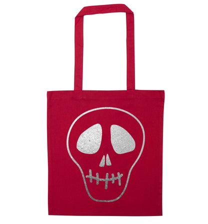 Metallic silver skull red tote bag